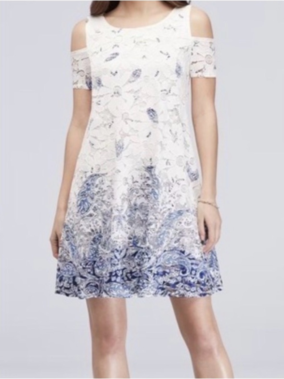 Robbie Bee White and Blue Lace Cold-Shoulder Dress